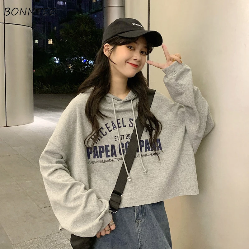 

Hoodies Women Letter-printed Hooded Cropped Tunic Long Sleeves Student Unisex Kpop Ulzzang Autumn Clothes Loose Cute Fashion Ins