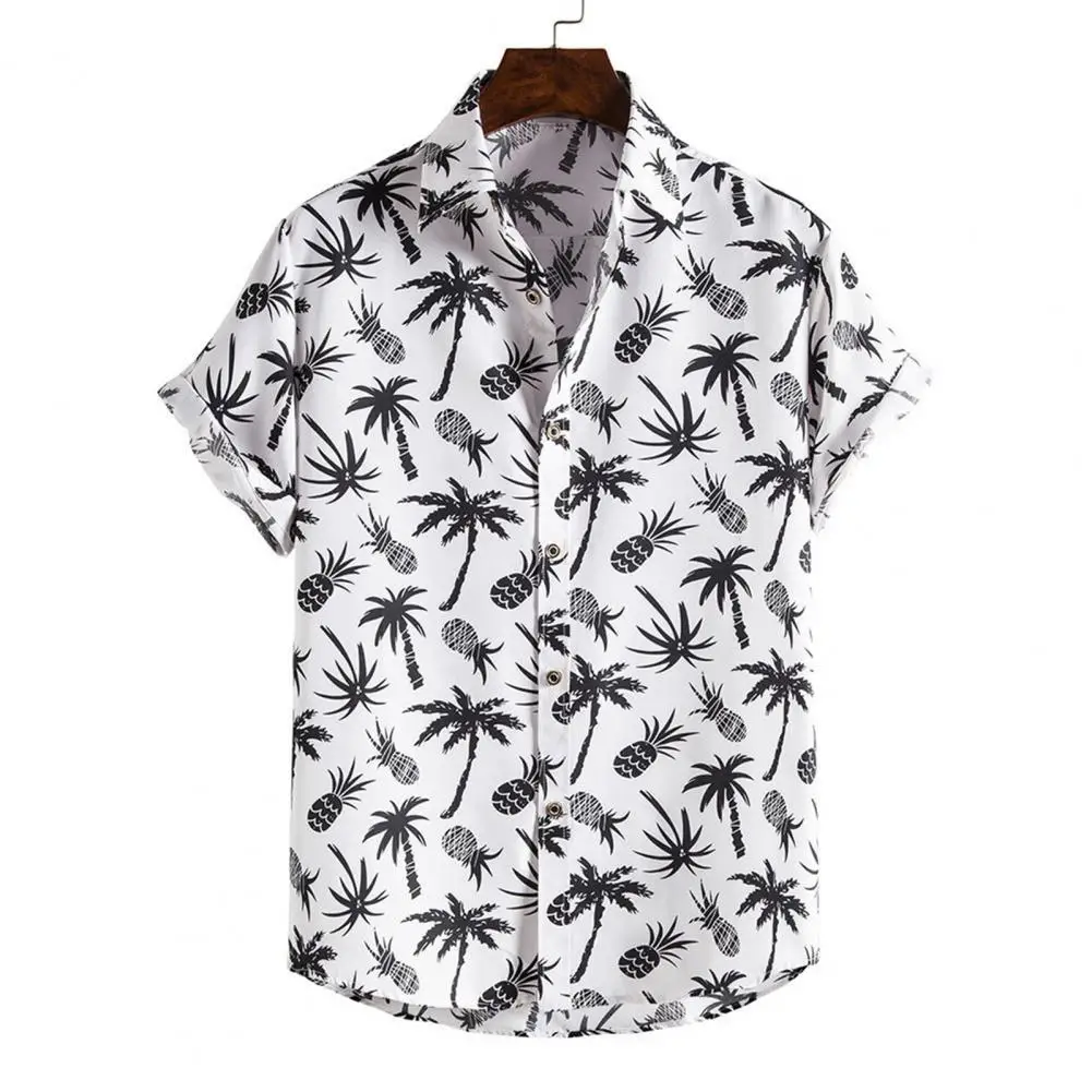 Summer New Fashion Casual Men Stripes/Tree Printed Short Sleeve Turn-down Collar Slim Hawaiian Shirt Beachwear for Travel