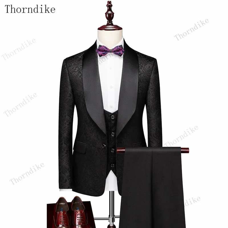 Mens Suit Thorndike Mens Wedding Suits White Jacquard With Black Satin Collar Tuxedo 3 Pcs Groom Terno Suits For Men（Jacket+Vest+Pants）mens suit
