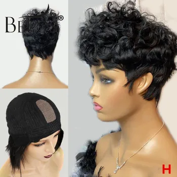 

Beeos Silk Base Perruque Bouclée Pixie Cut Perruques Avec Frange Sans Colle Brésilienne Remy Cheveux Perruques
