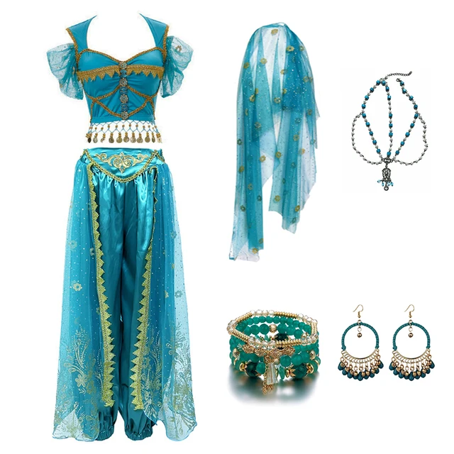 Festival Arabian Princess Costumes Indian Dance Embroider Bollywood Jasmine Costume Party Cosplay Jasmine Princess Fancy Outfit Blue 2 - 6pcs Set