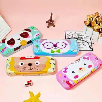 

Cartoon Animal Pencil Case Metal Double Layer Large Capacity Iron Tinplate Pencil Box Students Gift Stationery Box for Girls Boy