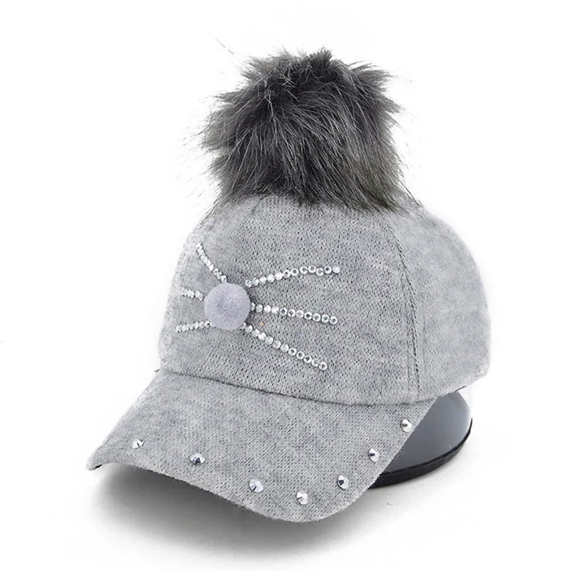 light gray Милая детская бейсбольная теплая зимняя шапка с помпоном для маленьких девочек и мальчиков, регулируемый головной убор Детская кепка, шапка для малышей - Цвет: light gray