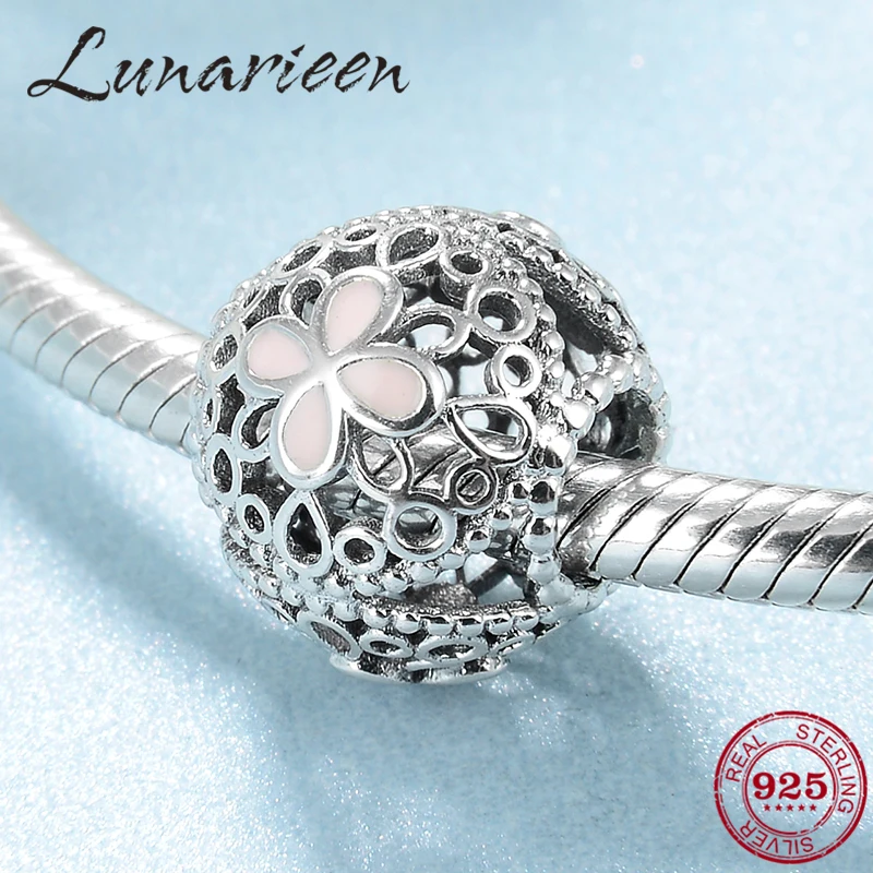 925 Sterling Silver Round Hollow pink Cherry Blossom Charms Beads Fit Original European Bracelet Bangles Jewelry making | Украшения и
