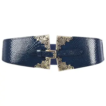 

New Lady Women Elastic Waistband Wide Waist Belt Retro Metal Buckle Faux Leather Blue