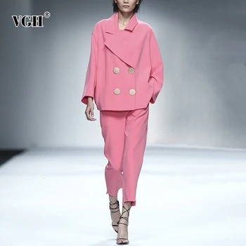 

VGH Elegant Pink Two Piece Set For Women Notched Long Sleeve Blazer High Waist Pants Female Suit 2020 Fashion Autumn New Clothes