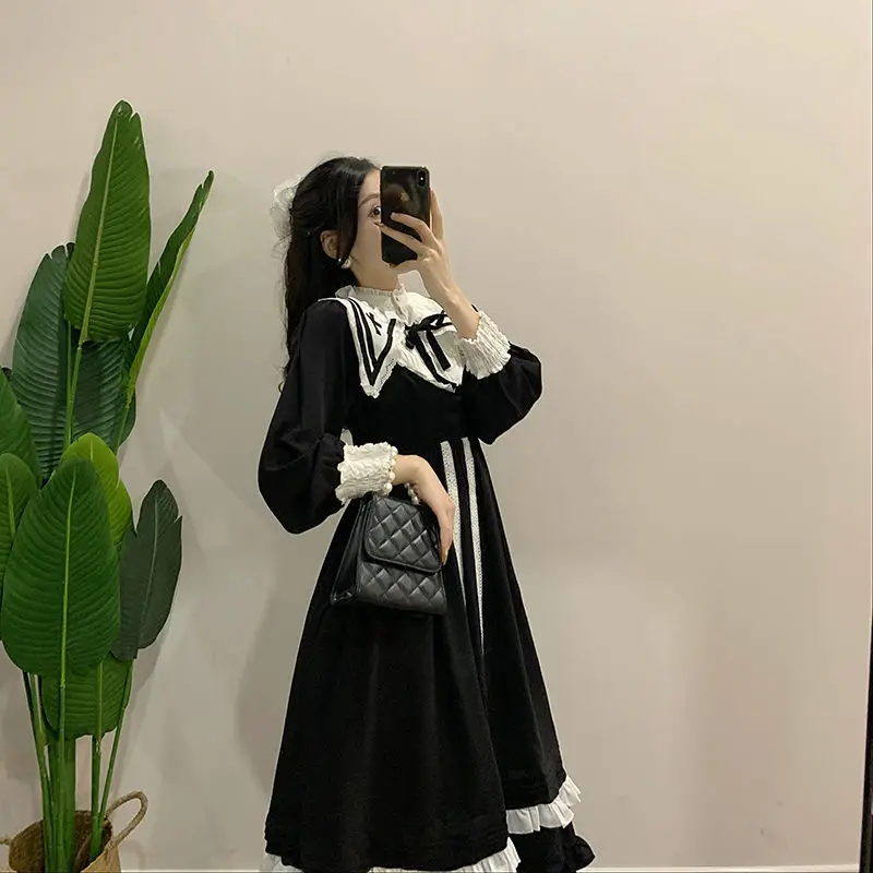 Gothic Lolita Retro Hepburn style little black dress navy collar ruffled dress long sleeve princess kawaii lolita dress,lolita suspender dress,lolita cosplay costumes,suspender dress,lolita skirt,lolita blouses