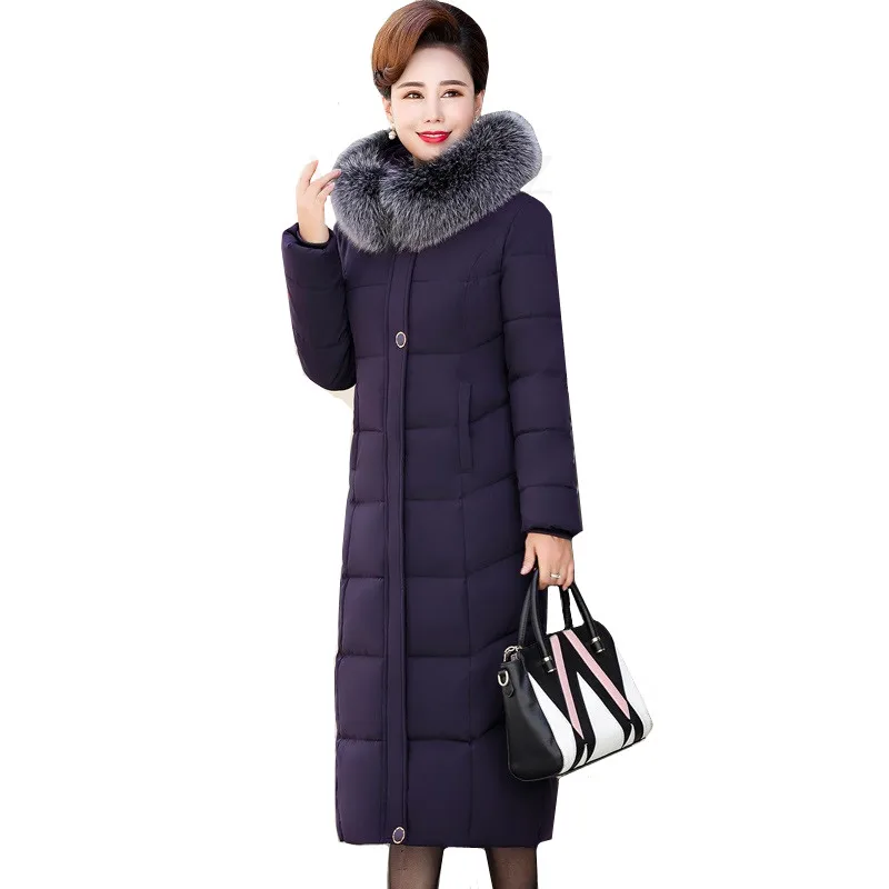 ##BUY 2019 Winter Parka Women Fur Collar Hooded Jacket Long Coat Middle aged Mother Loose Warm Thicken Cotton Padded Coats Plus Size