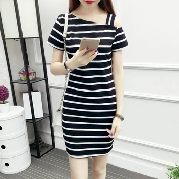 

Summer Short Sleeved Shoulder Dress Women Slim Long Stripe Dress Sexy Strap