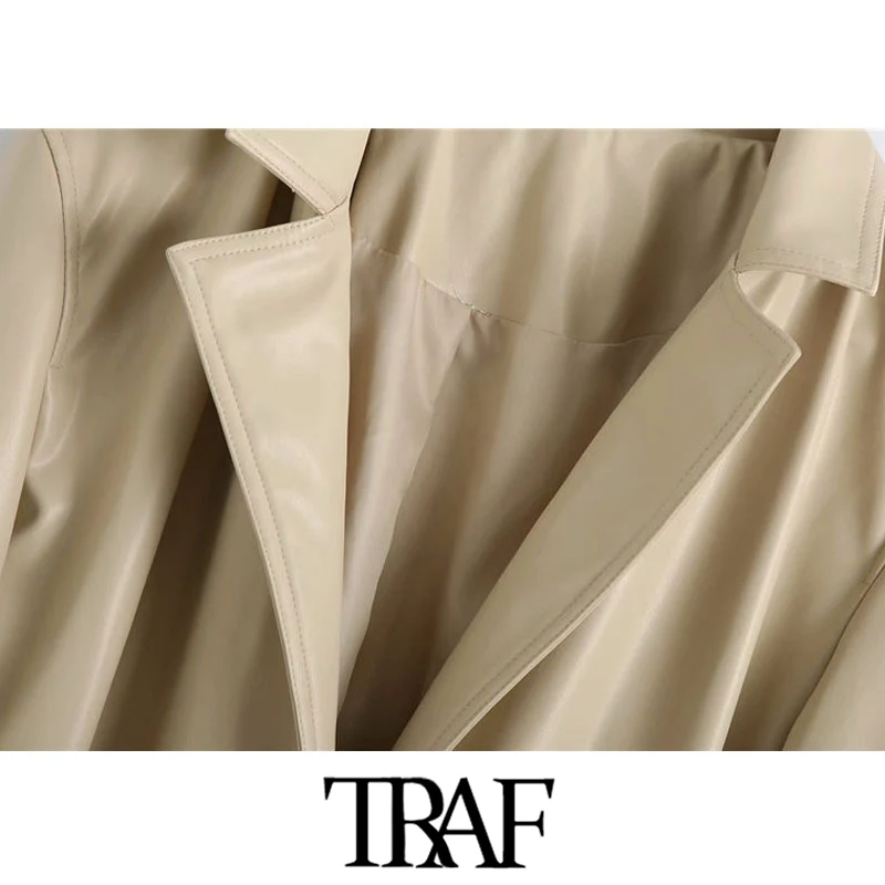 TRAF Women Fashion With Belt Faux Leather Trench Coat Vintage Long Sleeve Side Vents Female Outerwear Chic Tops