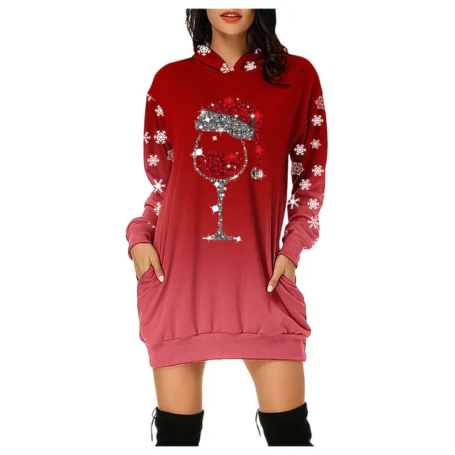 Multi Sizes Christmas Women Printed Round Neck Casual Dresses Hoodies Dress For New Year Clothing With Pockets Hooded Dress