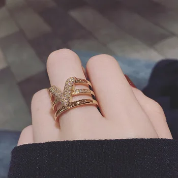 

New Fashion Exquisite Trend with Rhinestone Letter V Temperament Open Ring for Women Female Girls Jewelry Valentine's Day Gift