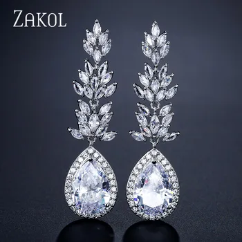 

ZAKOL Brand High Quality White Gold Color Teardrop Crystal Long Dangle Earrings Fashion Zirconia Leaf Women Jewelry FSEP2180