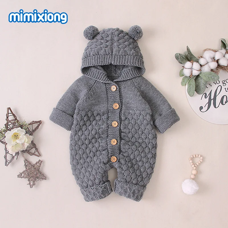 Newborn Rompers Baby Kid Winter Clothes Girl Boy Knitted Crochet Romper Cartoon Bear Jumpsuit Toddler Sweater Children Playsuit - Цвет: Серый