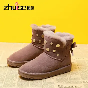 

Basic Winter Snow Boots for Women Sheepskin Suede Leather Mid-calf Slip on Shearling Fur Boots Rubber Sole Flats Solid Grey Wool
