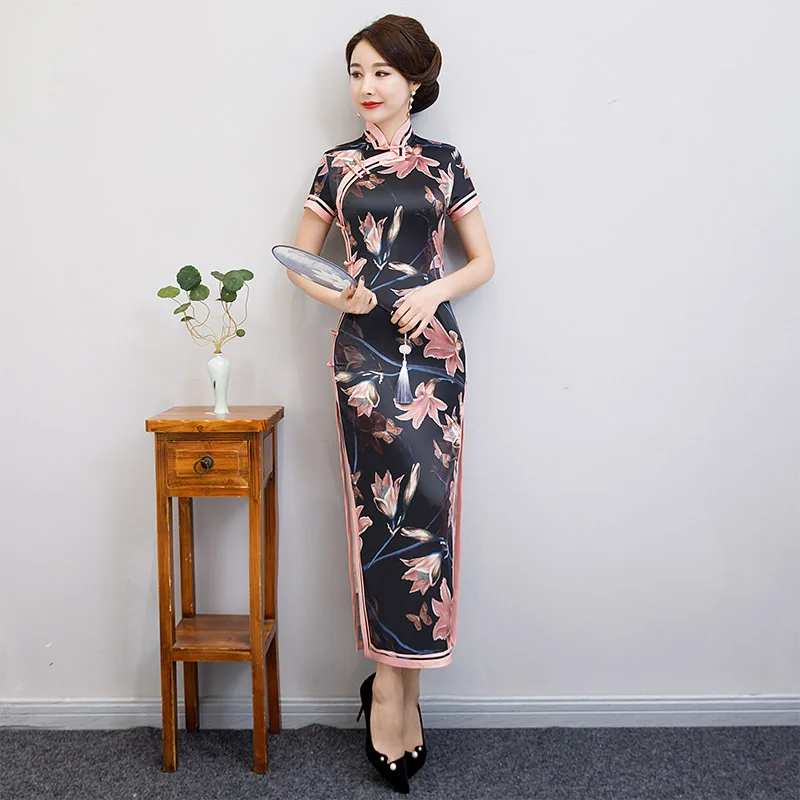 Черное Стильное женское длинное платье Классический китайский стиль Qipao сценическое шоу элегантный женский ручной работы Кнопка Cheongsam Плюс Размер M-3XL