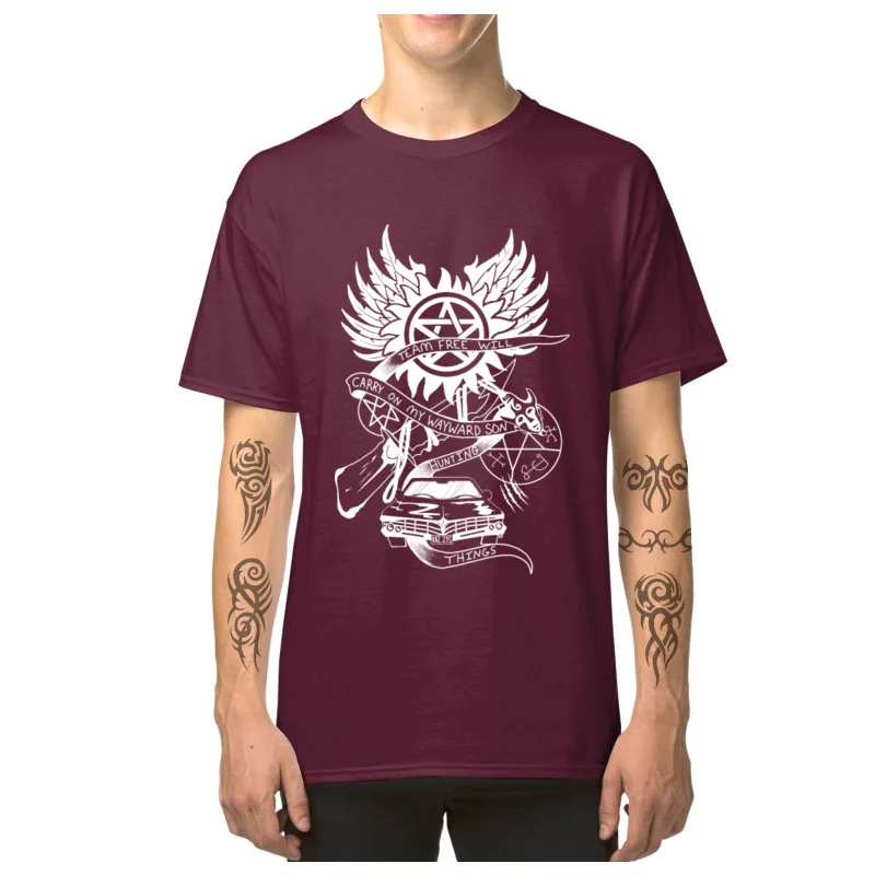 Carry_On_My_Wayward_Son_5741 T-shirts Camisa Short Sleeve Prevailing Crewneck 100% Cotton Tops Shirt T-Shirt for Men Autumn Carry_On_My_Wayward_Son_5741 maroon
