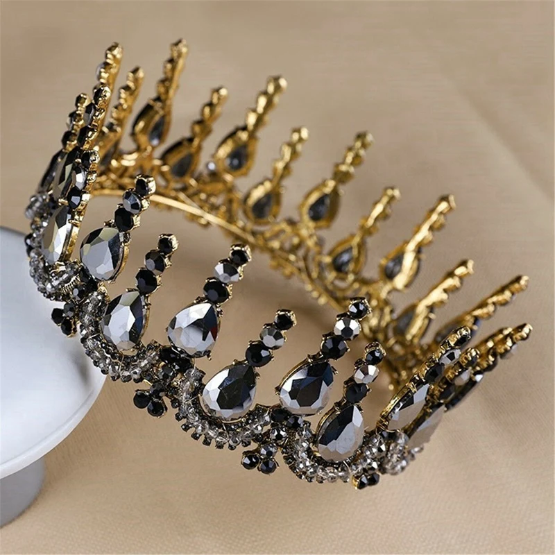 LBER Baroque Black Crystal Tiaras Bridal Large Round Crown Wedding Hair Accessories
