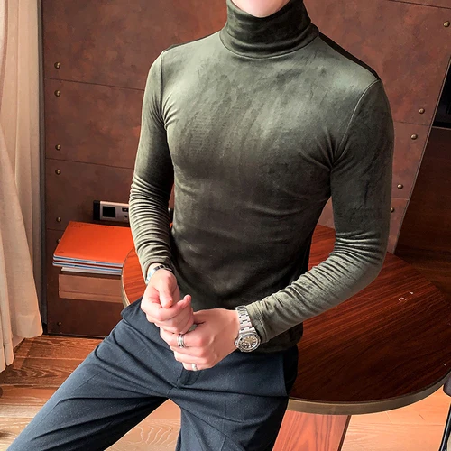 Азиатский размер Slim Fit стрейч бархат водолазка Мужская футболка с длинным рукавом осенние вечерние Нежные мужские - Цвет: Зеленый