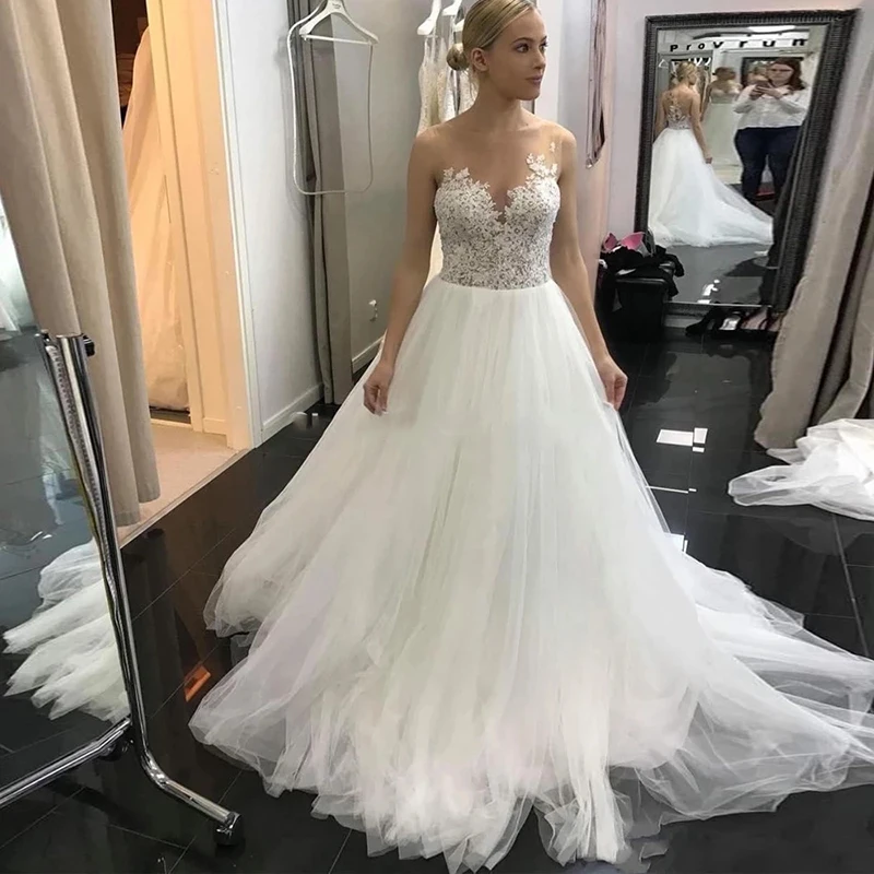 

Elegant Sheer Neck Wedding Dresses A Line Tulle Sweep Train Bridal Gowns Lace Applique Customize Wedding Dress
