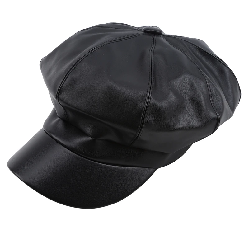 Женская кепка Snapback, берет, шапки из искусственной кожи, женский берет, осенне-зимняя восьмиугольная кепка, шапки, модная Ретро Кепка Newsboy s - Цвет: black