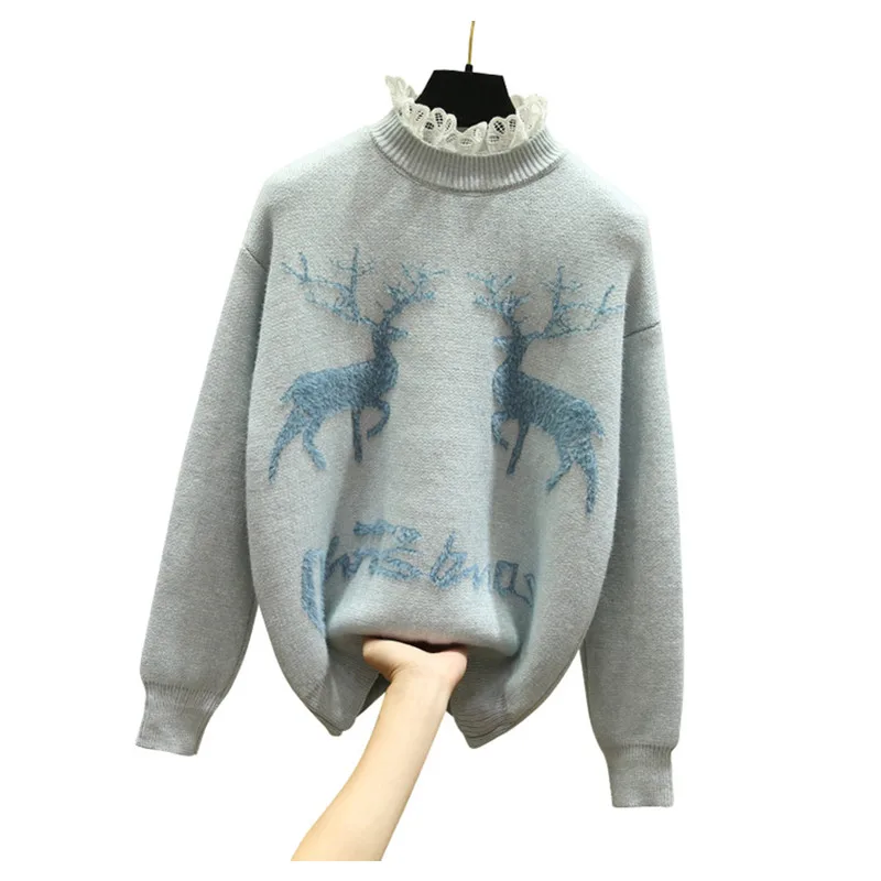 

2019 Winter Korean New women Sweaters Cartoon Christmas deer pattern Plus Velve loose and comfortable kawaii sweater Pullovers