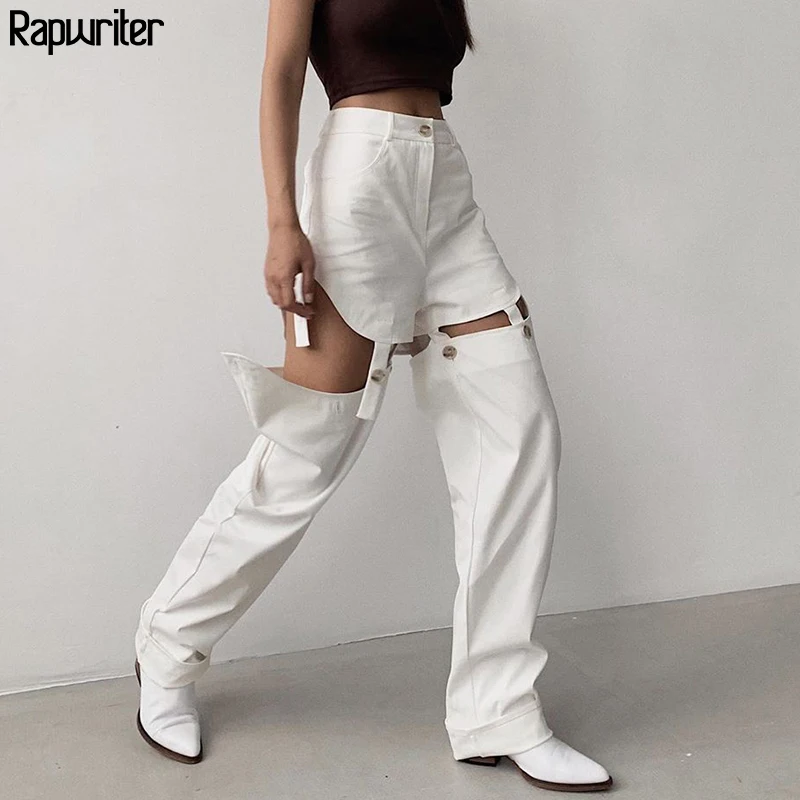 Streetwear Detachable Button Patchwork High Waist White Pants Women Cargo Sweatpants Women Straight Loose Trousers Hot Rapwriter Streetwear Detachable Button Patchwork High Waist White Pants Women Cargo Sweatpants Women Straight Loose Trousers Hot Rapwriter