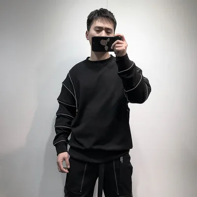 봄 하이 스트리트 패션 브랜드 반사 스트립 스티치 느슨한 어깨 까마귀 남자 하라주쿠 거리 기능성 단색 t