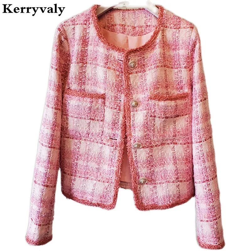 

High Quality Autumn French Retro Small Fragrance Tweed Jacket Women Long Sleeve Short Pink Ladies Jacket Ropa Mujer K3026