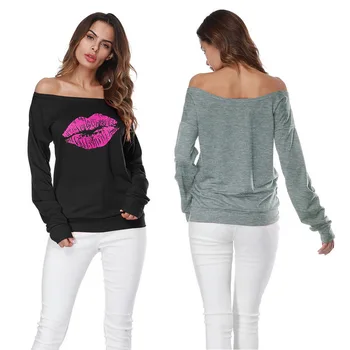 

2020 Spring Women Hoodies New Sexy Red Big Lips Printed Off Shoulder Long Sleeve Casual Women Pullovers Hoodies Streetwear