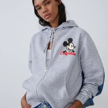 

ZA 2019 New Autumn Sweatshirt Coat Women's Fashion Print Stitching Long-sleeved Zipper Hooded Loose Casual Sweatshirt Coat