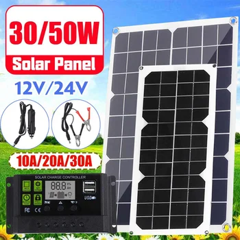 

30W/50W Solar Panel Dual USB Power Bank Board with Car Charger 10/20/30A Solar Panel Regulator Charge Controller LCD Display PWM