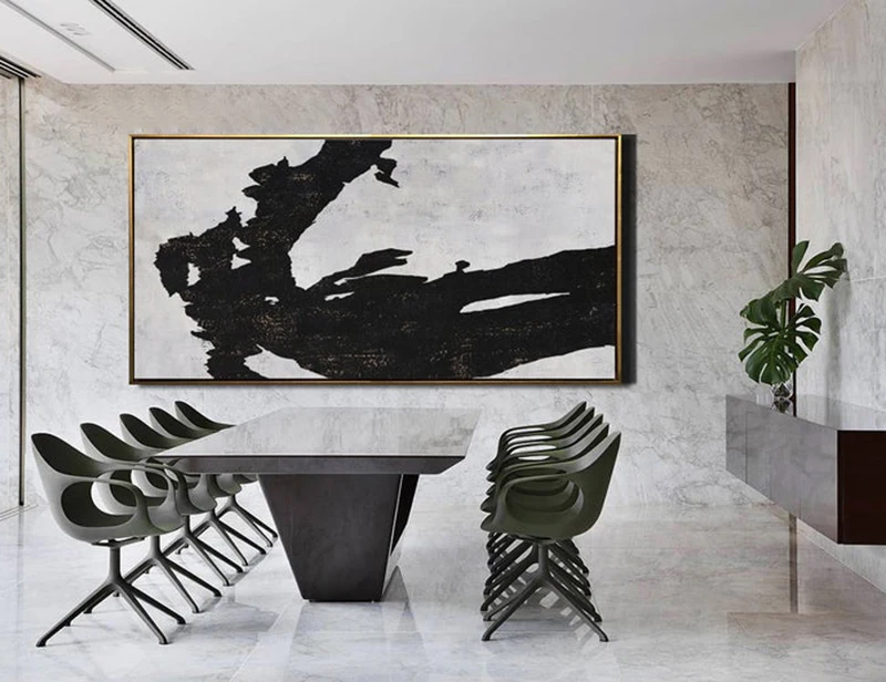 Horizontal Wall Art Canvas Painting Minimal Black White Abstract | Дом и сад