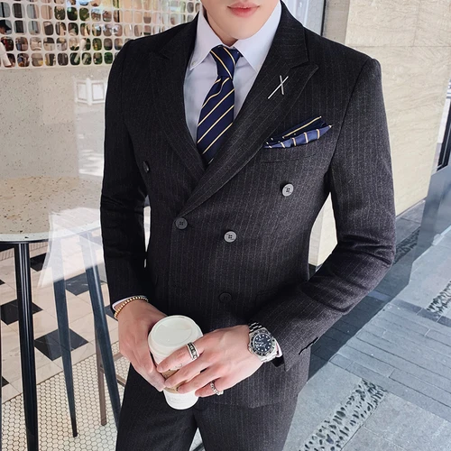 1 шт. куртка) Мужская мода бутик повседневный деловой Полосатый костюм пальто жених свадебное платье мужской синий черный серый формальный блейзер - Цвет: Черный