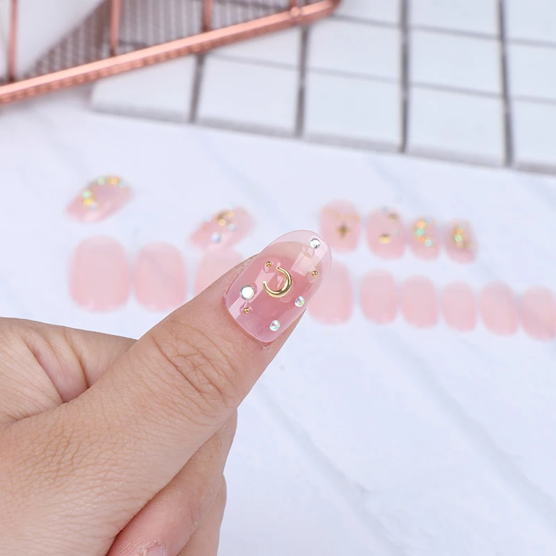 24Pcs Full Cover Short Round Press On Nails Pink Dripping Shape Crystal Bride Nail Tips Fake Nail For Girls