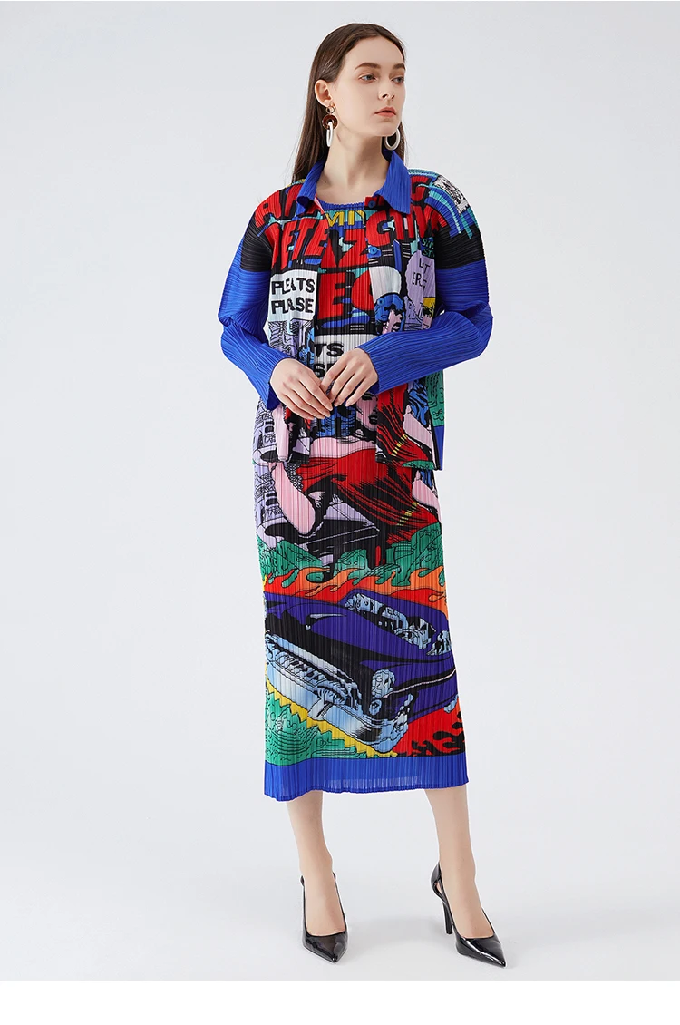 Miyake Pleated Two Piece Set Romantic Creativity Fashion Jacket Shirt Women Designer Art Hand Painted Coat Sleeveless Vest Dress