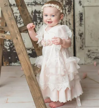

Cute Baby Girls Dresses For Party Appliqued Lace Tiered Toddler Pageant Dress Ankle Length First Birthday Gown