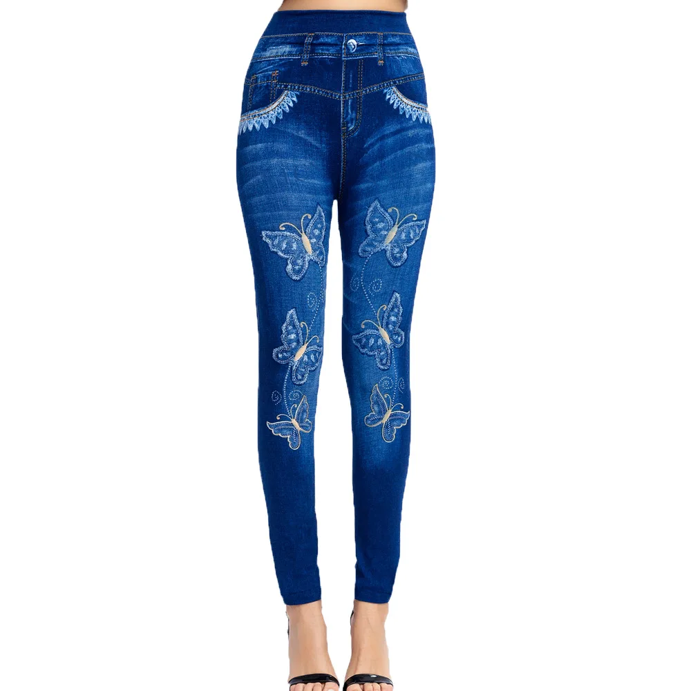 Spring 2021 Women's High Waist Jeans Pants Butterfly Print and Ankle Elastic Tight Fake Jeans Large Women Sexy Hip Pants