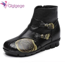 Glglgeg/ г.; женская обувь из натуральной кожи; винтажные теплые зимние плюшевые ботинки с принтом; ботильоны на плоской подошве; женские короткие лодочки