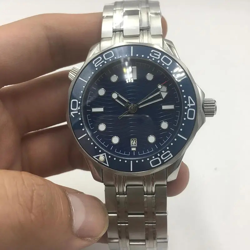 

007 Blue Dial Automatic Mechanical Watch Men Ceramic Bezel Date Waterproof Luminous Stainless Steel solid Bangle 43mm Watch