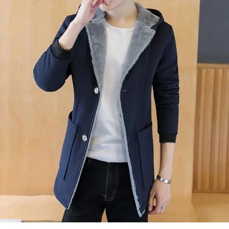 

Hooded Fur Collar Trench Coat Men Wool Blend Winter Coat Slim Fit Men Mid-Long Black Grey Mens Trench Coat Blue M-5XL male coats