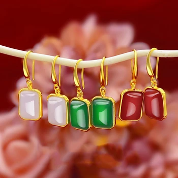 

Fashion Natural Emerald Jade Jewelry 14k Gold Earring for Women Gemstone Drop Earrings Chalcedony Stone Earrings Birthday Gift