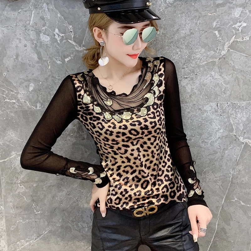 

Leopard T-shirt Women Autumn Mesh Patchwork Appliques Embroidery Slim Stretchy Tops Shirt Transparent Long Sleeve S-3XL T98691