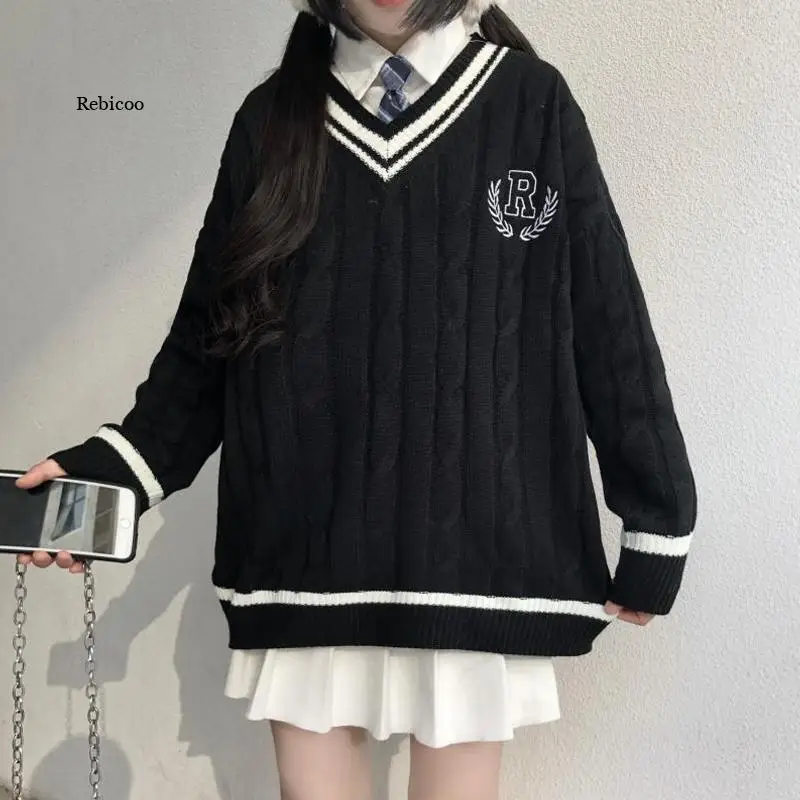 

Japanese Wear Pullover Black Sweater Loose V-Neck Regular Long Sleeves Student Hollow Out Knitting Loose Women Pullover