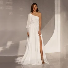 

Boho Asymmetrical Wedding Dress One Shoulder Long Sleeve Fashion Village Woman Party For Bride A Line Chiffon Bridal Gowns