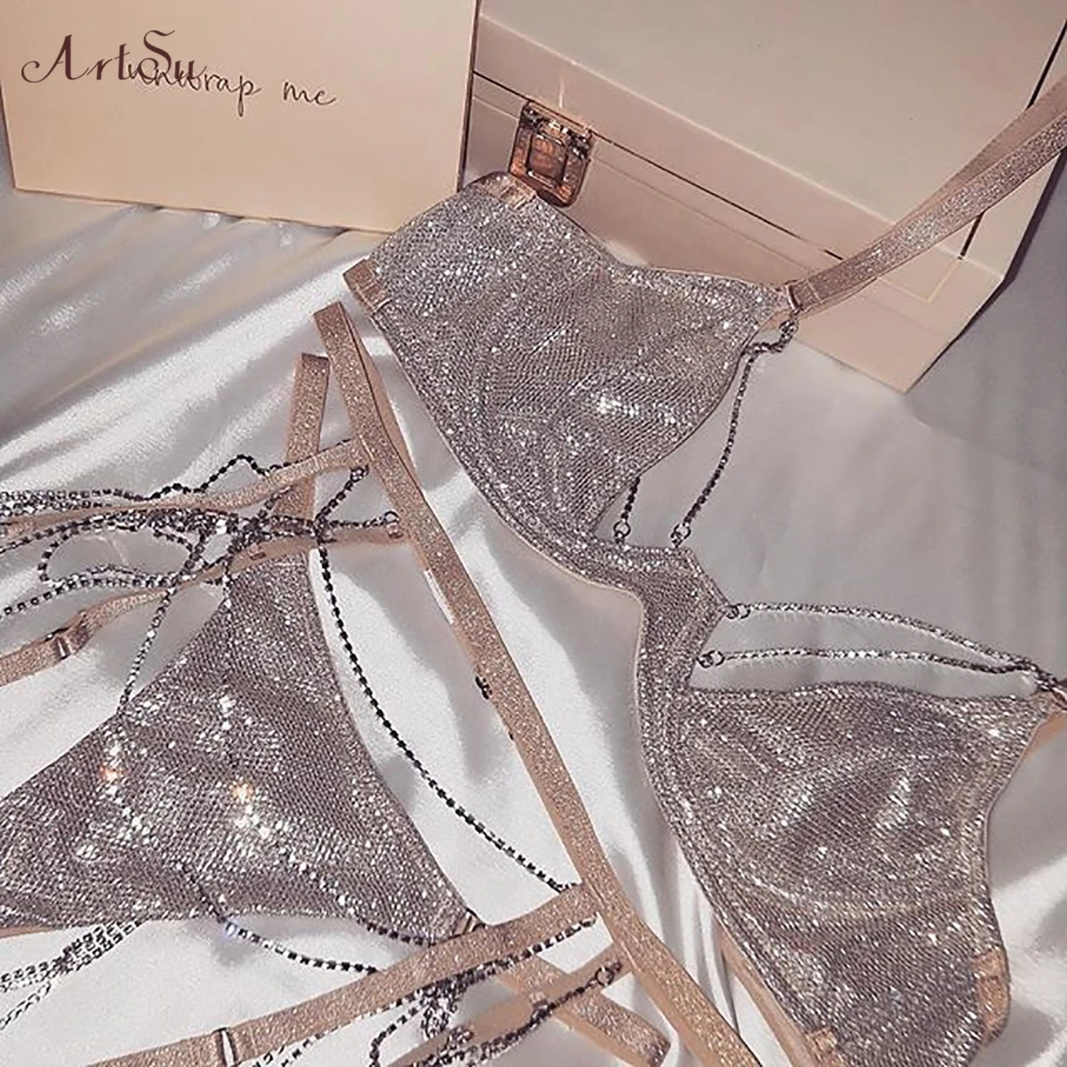 silver ArtSu,, стразы, комплект нижнего белья, комплект из 3 предметов, сексуальный бюстгальтер и трусики, без рукавов, с открытой спиной, Комплект трусов, нижнее белье, сверкающее, ASSU60406 - Цвет: silver