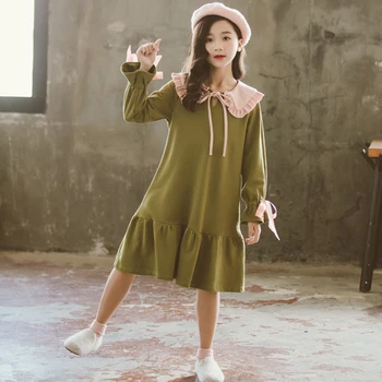 

Spring Autumn 2020 Kids Dresses For Girls Long Sleeve Dress Teenager Girl Ruffle Dress Green Winter Cotton Child Casual Clothing