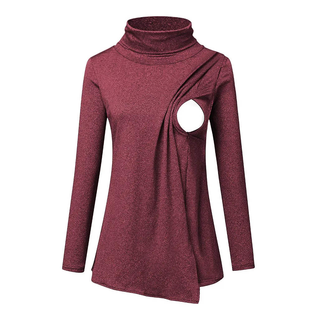 Women Clothing Maternity Top 2019Top New Women Pregnant Nursing Maternity High Neck Long Sleeve Solid Blouse Ropa De Mujer - Цвет: Wine