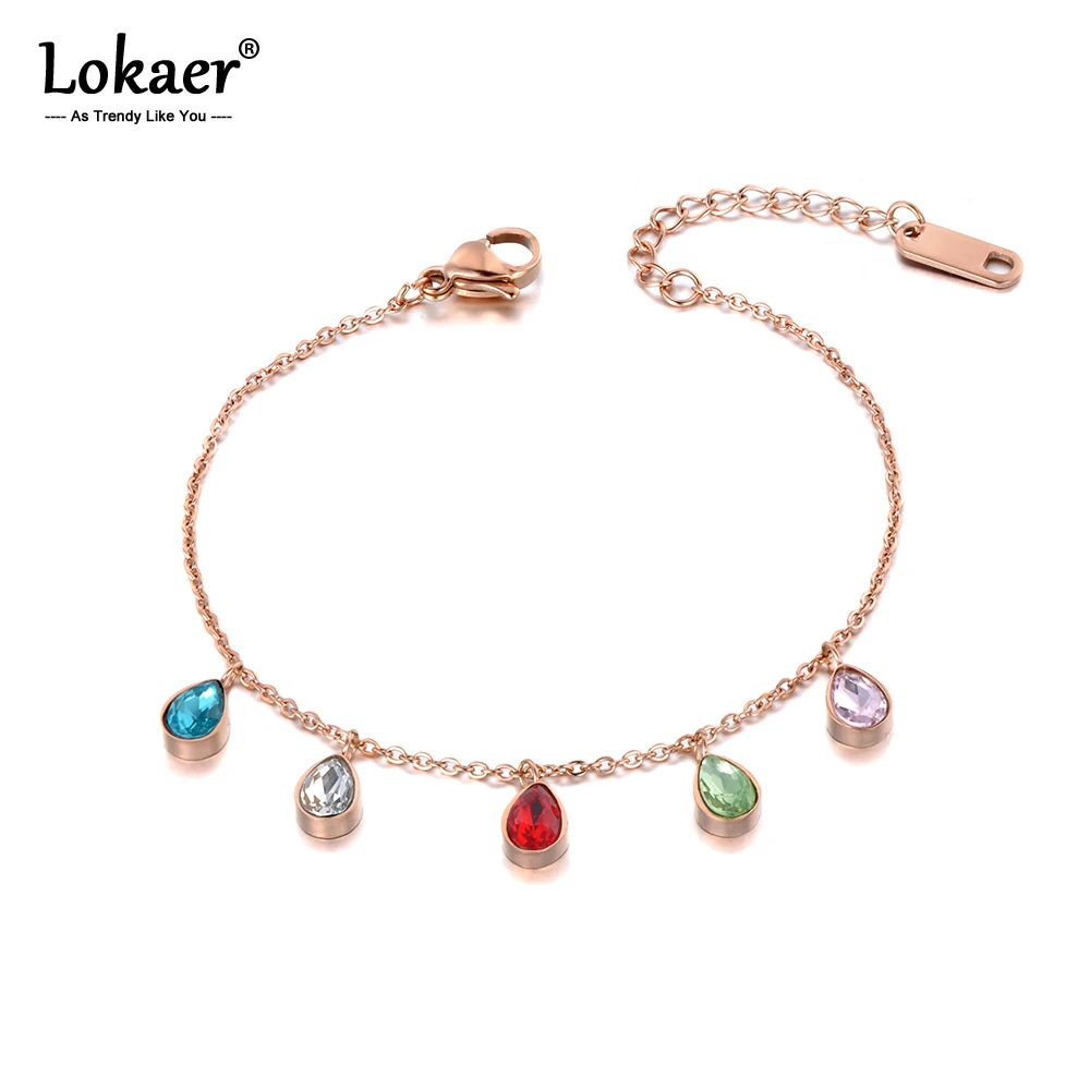 Lokaer Trendy Colorful Water Drop CZ Crystal Bracelet Bangle For Women Stainless Steel Link Chain Bohemia Beach Jewelry B19089 | Украшения