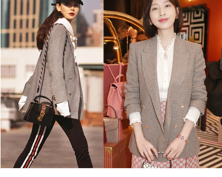 

Spring And Autumn New Style Qi Wei Star Celebrity Style Small Suit Women's Casual Retro Plaid CHIC Short Long Sleeve Suit Coat